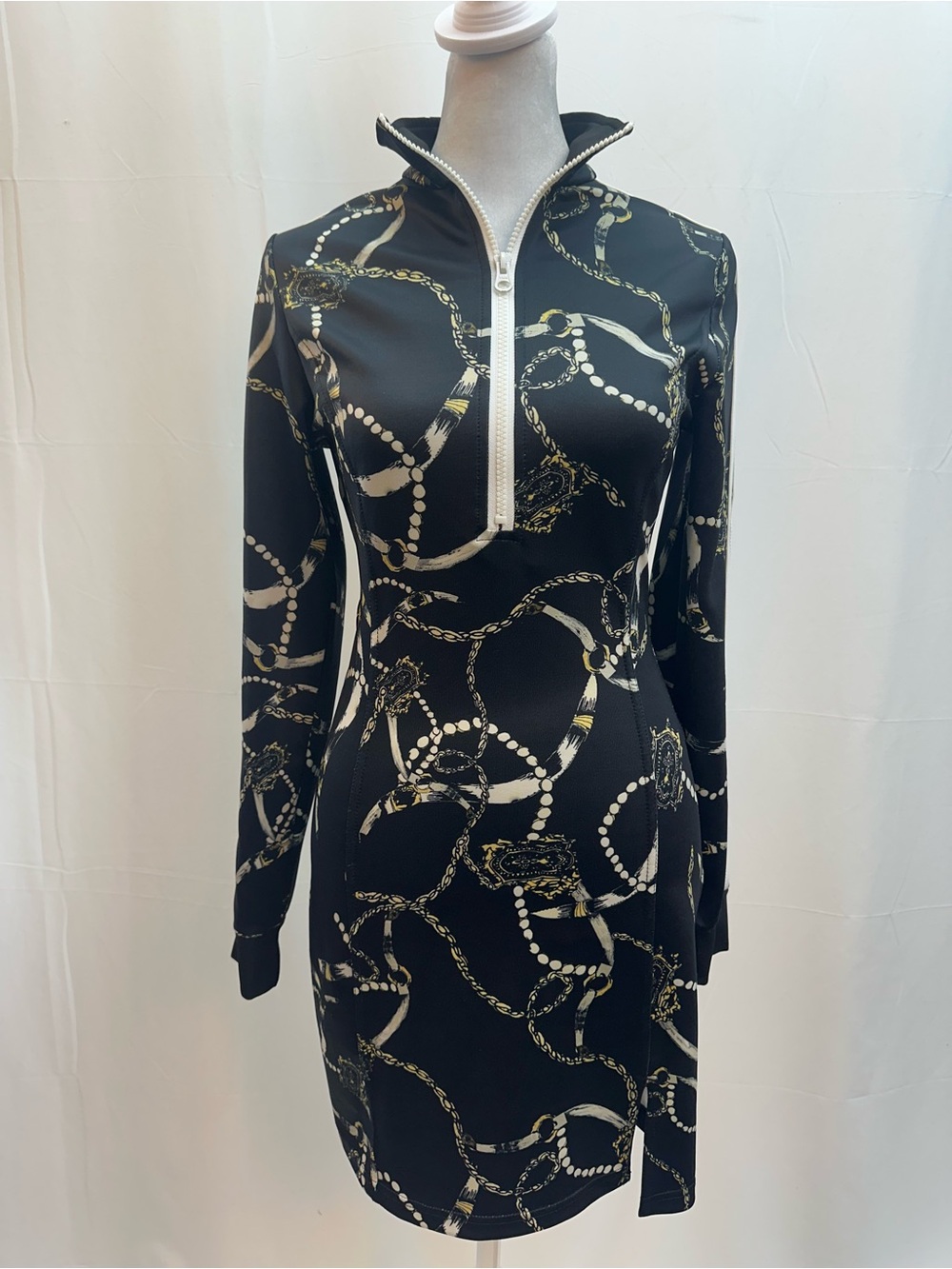 Pam & Gela Black Zip-Front Long Sleeve Chain Print Track Dress S